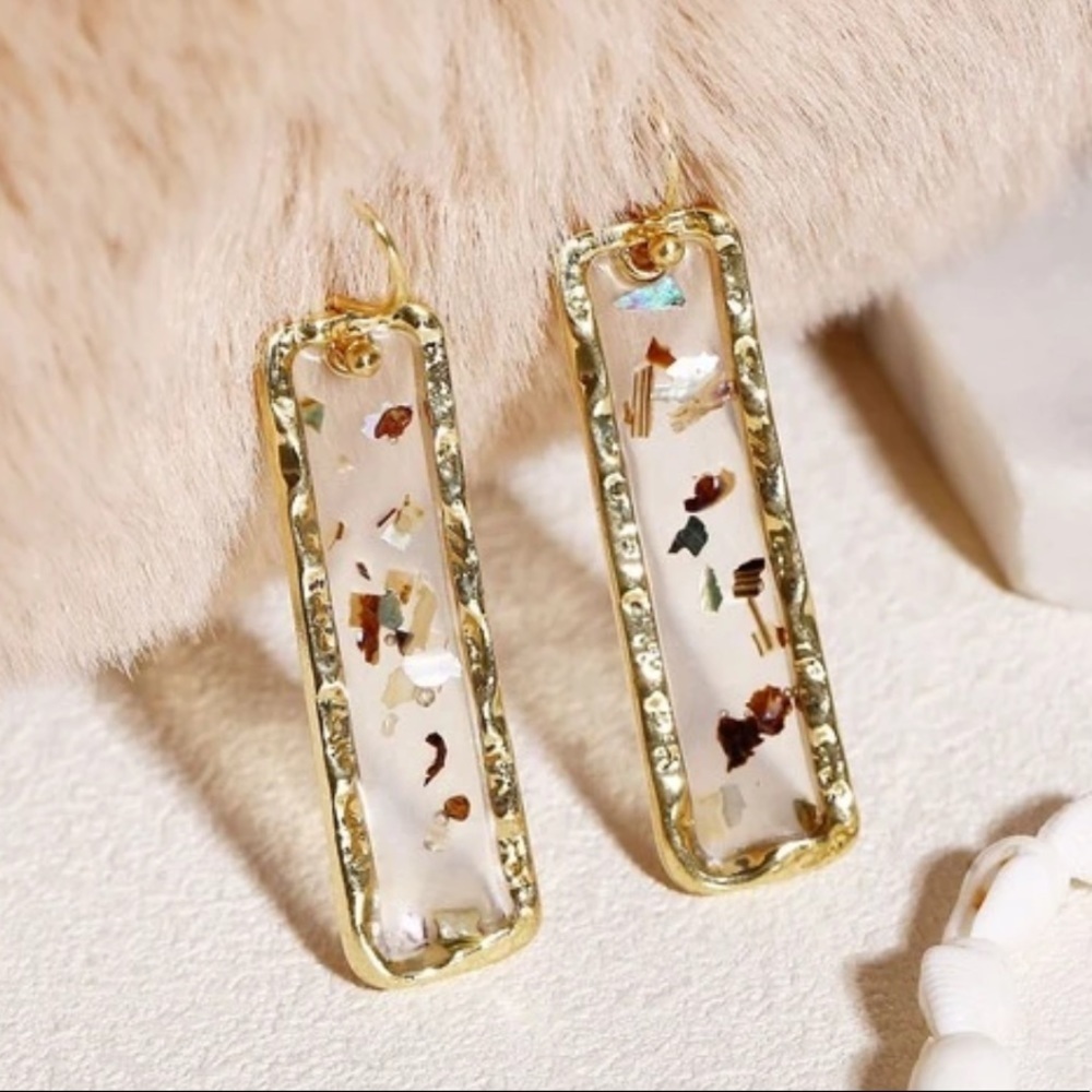 Gold Rectangle Glitter Speckle Clear Drop Earrings - Picture 3 of 4